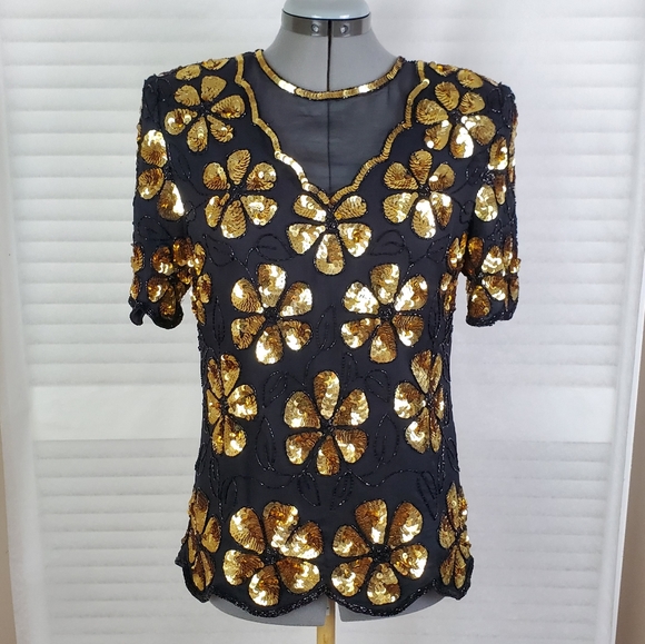 LAST CHANCE Vtg Laurence Kazar sequin beaded 100% silk top Small - Picture 13 of 13